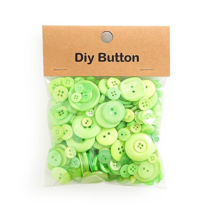 Pack of round resin buttons, bright green mixed sizes with 2-4 holes, in clear bag