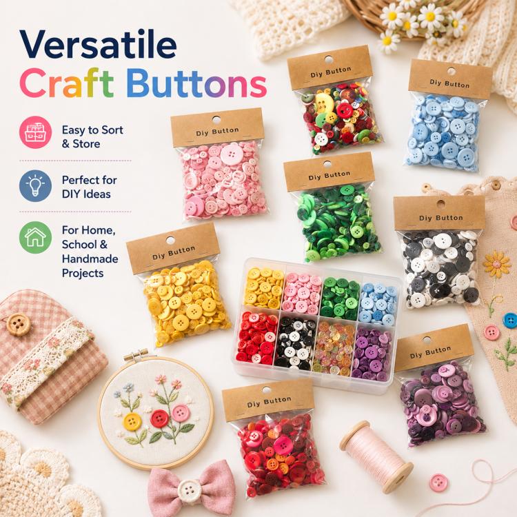 Assorted round resin craft buttons in small color packs for sewing and home projects