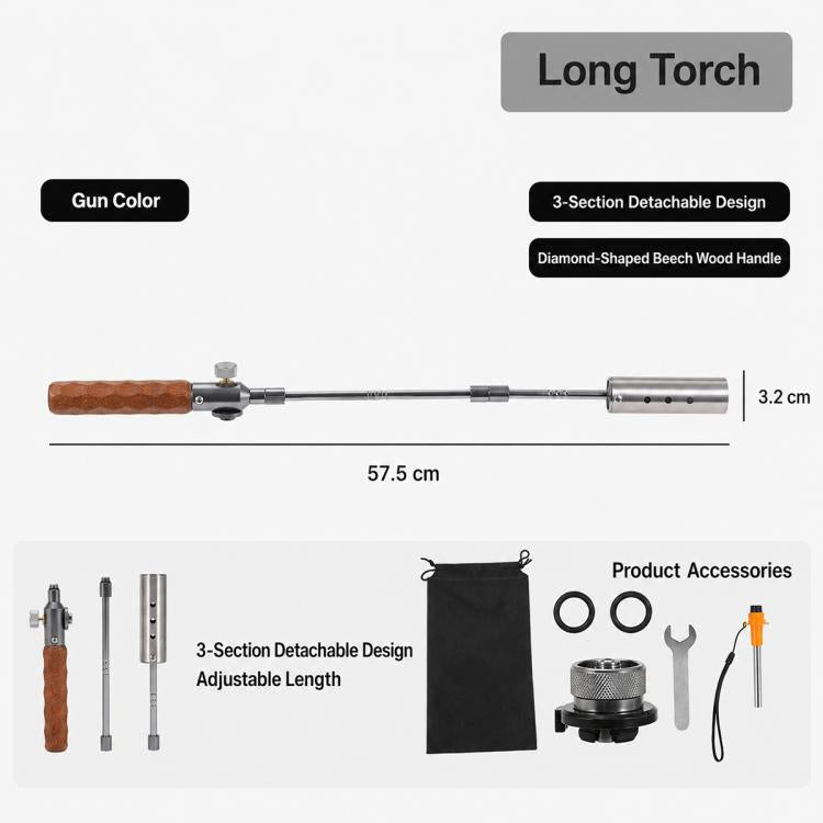 Long camping flame gun with 3-section detachable design and beech wood handle