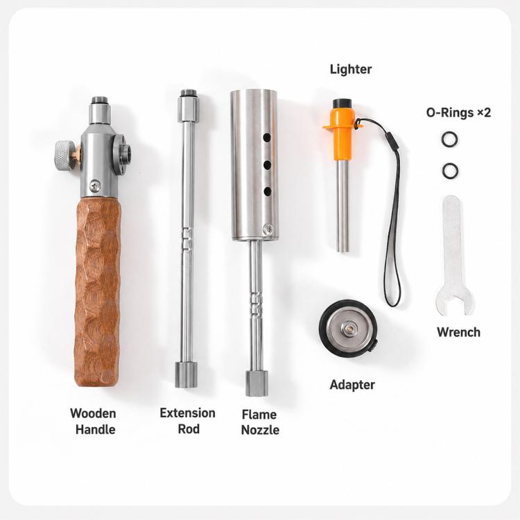 Camping flame gun parts set: wooden handle, extension rods, flame nozzle, lighter