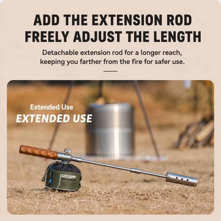 Camping flame gun with detachable extension rod for longer reach and safer distance