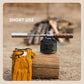 Camping flame gun in short-use setup with compact metal nozzle and wooden handle