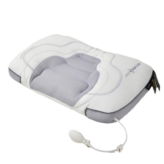 Adjustable breathable neck support airbag pillow with light gray inflatable pads and control tube