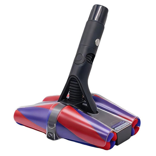 Multi-directional vacuum brush head with black handle and red/blue bristle roller