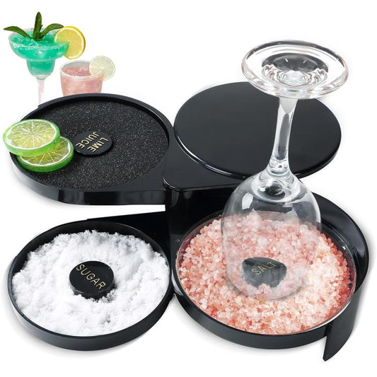 Three-tier rotating salt rimmer box with black trays, labeled caps, and clear drink-rim cup