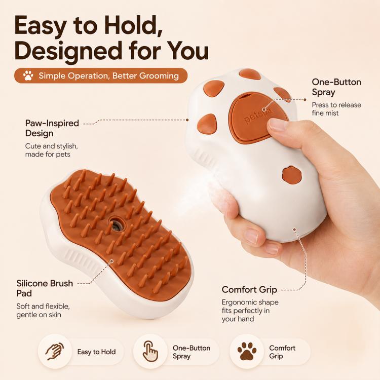 Cat Claws electric spray grooming brush in white and brown with paw-pattern buttons