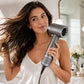 Outer filter mesh cover on hair dryer nozzle, perforated vent grille at the front