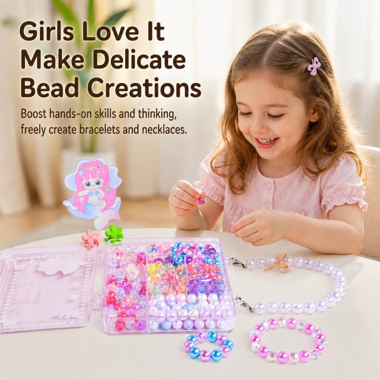 Girl creating beaded jewelry with a bead kit and finished pink bracelets