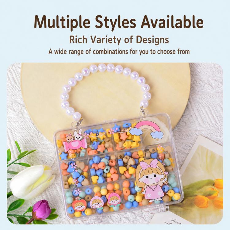 Pearl-look bead bracelet with clear organizer tray of mixed beads and small charms