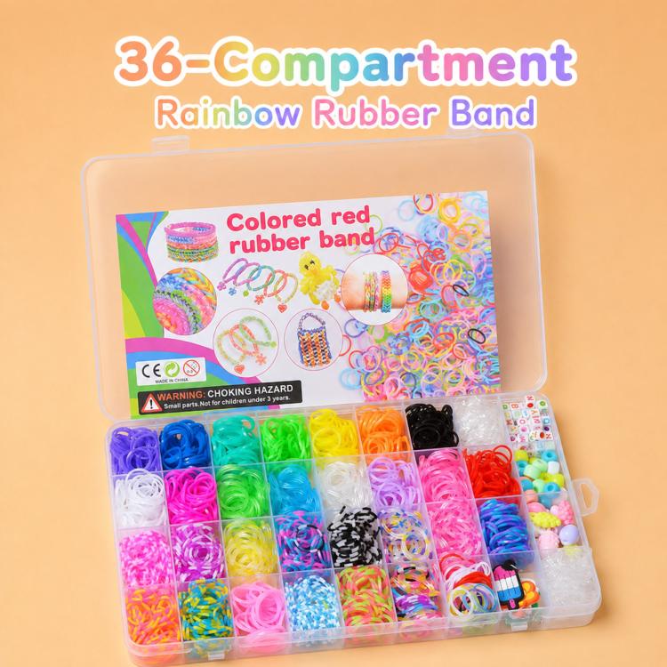 1600 PCS/Box 36-grid Rainbow Rubber Bands DIY Craft Bracelet Making Kit, 1600 PCS/Box 36-grid