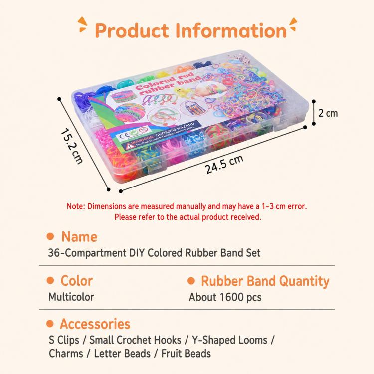 1600 PCS/Box 36-grid Rainbow Rubber Bands DIY Craft Bracelet Making Kit, 1600 PCS/Box 36-grid