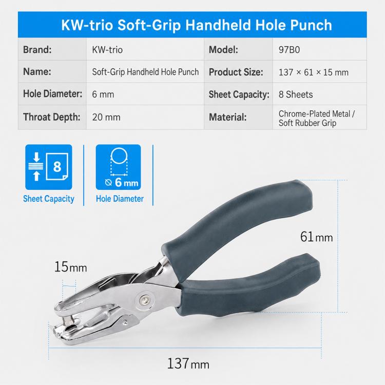 KW-TRIO Handheld Single Hole Punch, 97A0(6mm), 97B0(6mm), 97C3(3mm)