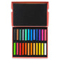 Pastel chalk sticks set box open with colorful rectangular sticks arranged in tray.