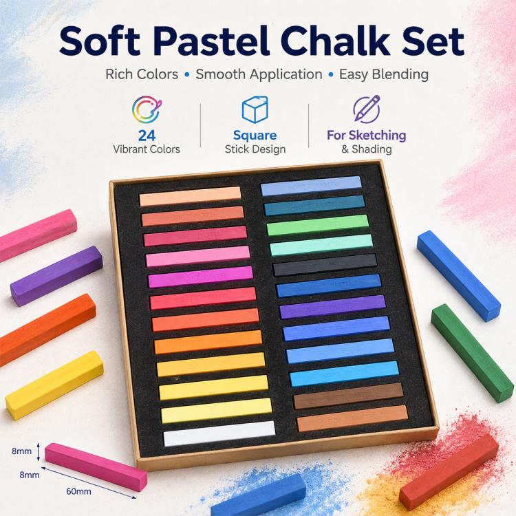 Pastel chalk set in square tray with multicolor chalk bars in a display box.