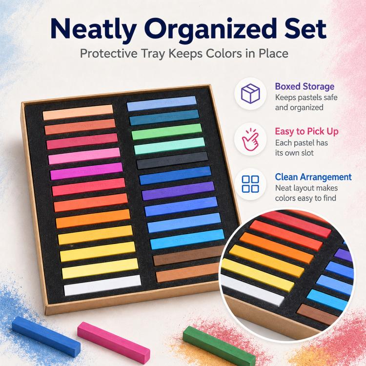 Pastel chalk sticks set in tray with several colorful sticks laid around the open box.