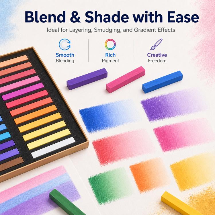 Pastel chalk sticks with color swatch blocks on paper, including purple, pink, and blue.