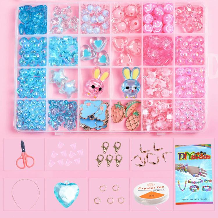 Children's beaded bracelet kit with blue and pink bead tray, round beads in separate grids
