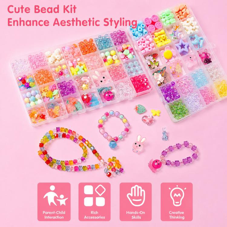 Children's beaded bracelet kit with bead compartments plus colorful bracelet and charm examples