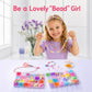 Children's beaded bracelet kit: child wearing colorful bead necklaces and heart charm