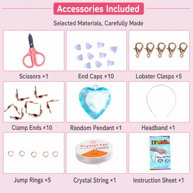 Children's beaded bracelet kit accessories: scissors, clasps, headband, string, and jump rings