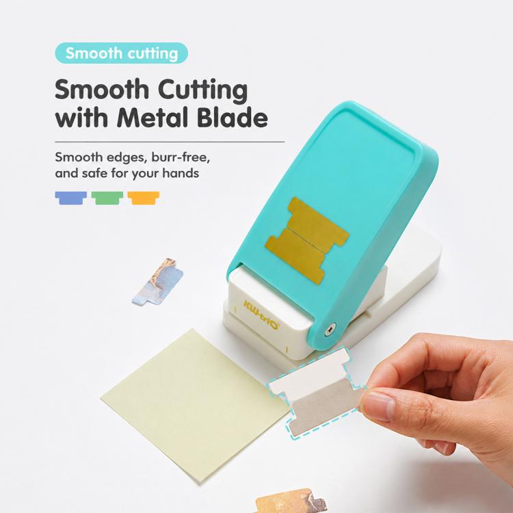 Teal index label puncher cutting metal blade, making burr-free edges from paper