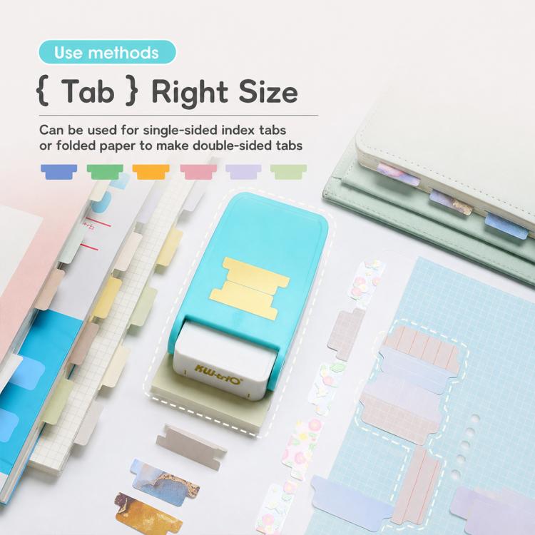 Blue and white index tab puncher with assorted cut paper tabs shown