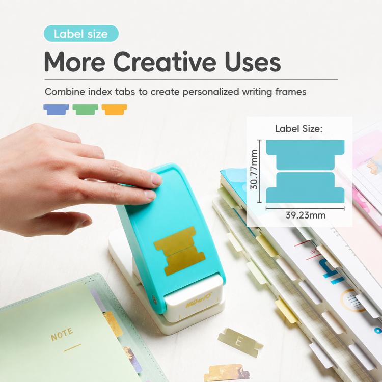 Hand holding turquoise index tab puncher next to label size measurement