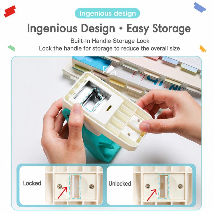 Teal label puncher with guide tray, shown unlocking and inserting index cards by hand