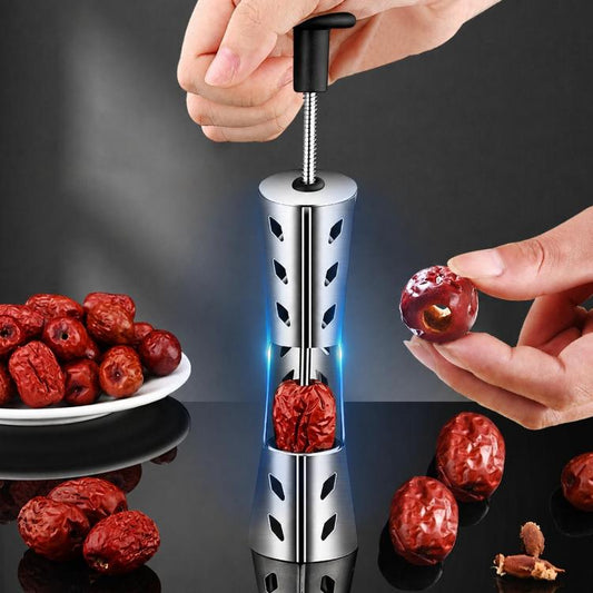 Black-handled stainless steel push date pitter with perforated cylinder and threaded rod