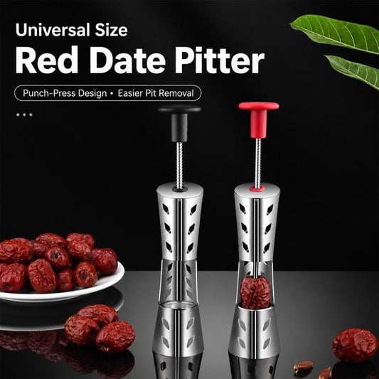 Stainless steel date pitter with red push handle, perforated cylinder for pit removal