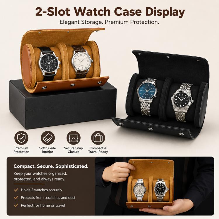 Portable Vintage Leather Watch Storage Case, Two Slots, Three Slots