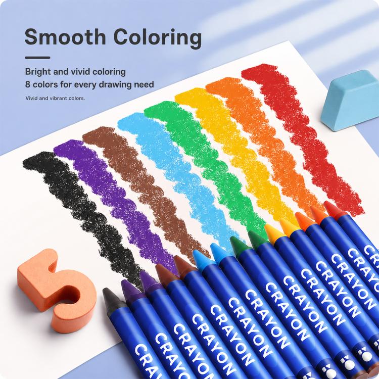 Washable color crayons with rainbow color strokes and blue crayon barrels