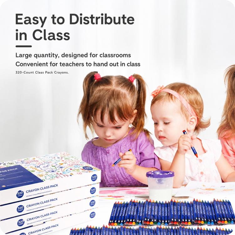 Classroom crayon pack with rows of blue crayons and boxed packs for distributing
