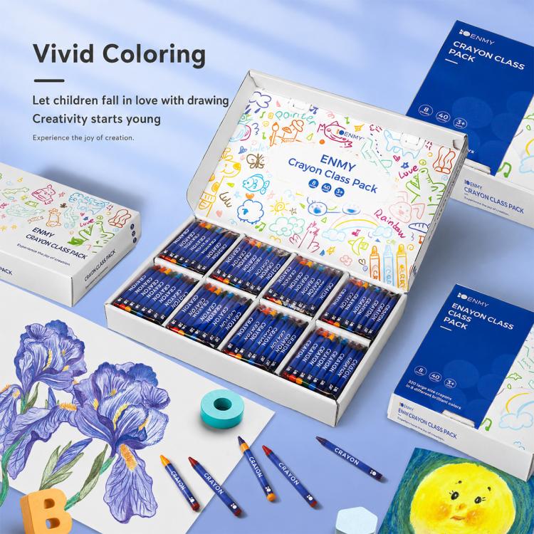 Vivid color washable crayon class pack with open tray and blue crayons