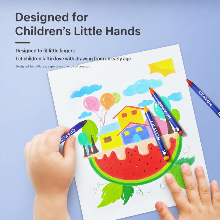 Washable crayons with a child drawing on a paper scene with crayons in hand