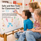 Classroom crayon set with children coloring, showing safe non-toxic crayons