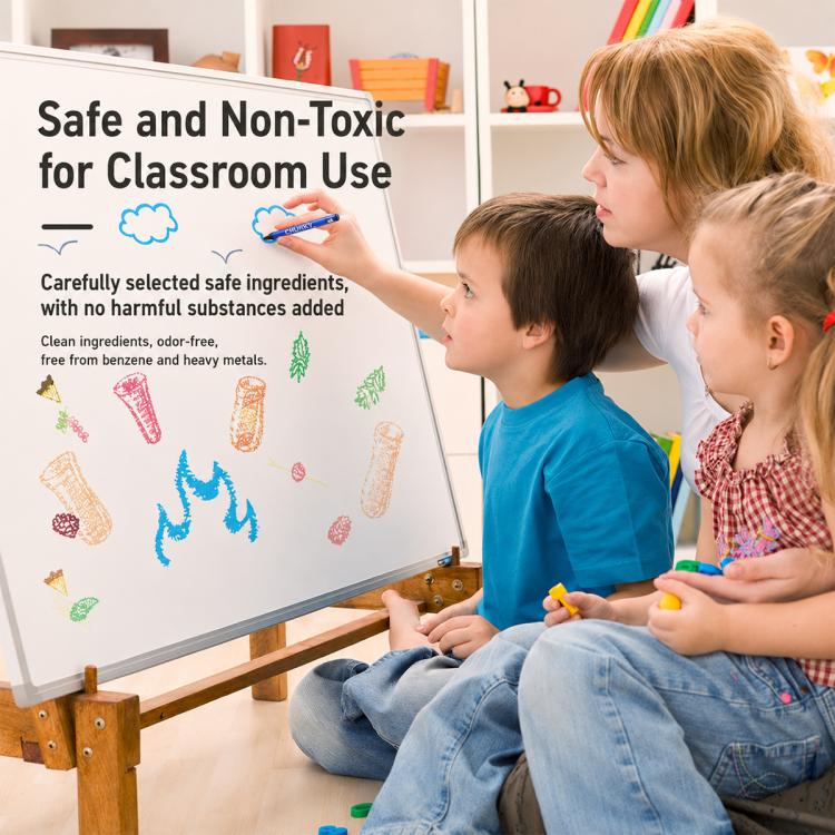 Classroom crayon set with children coloring, showing safe non-toxic crayons