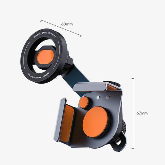 Magnetic car phone mount with circular orange magnet pad, shown with size markings