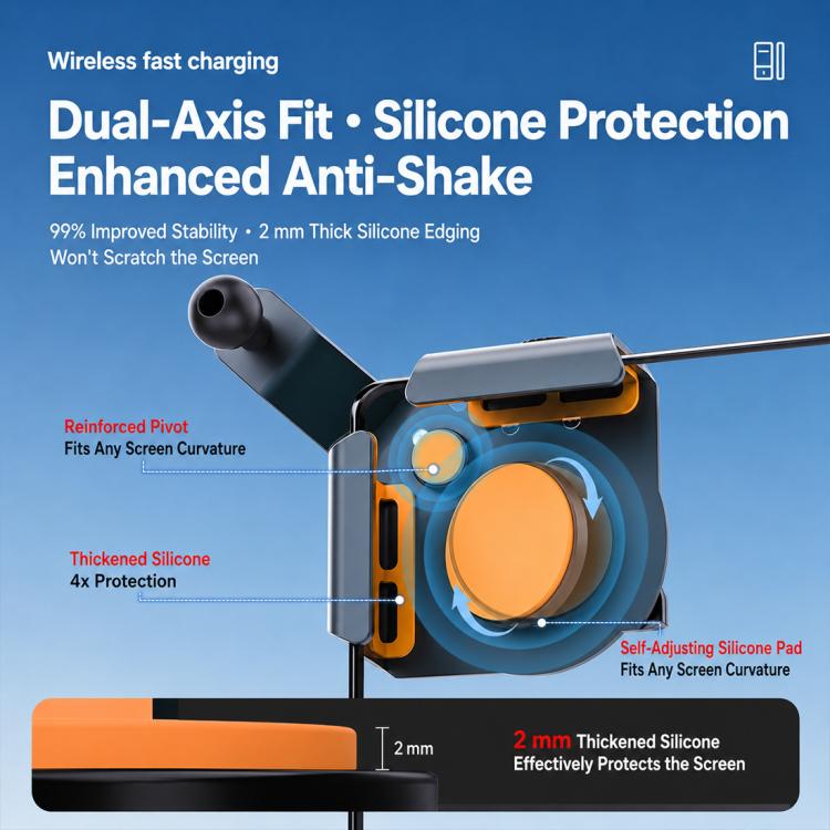 Magnetic car phone mount with orange silicone protection pad and dual-axis bracket
