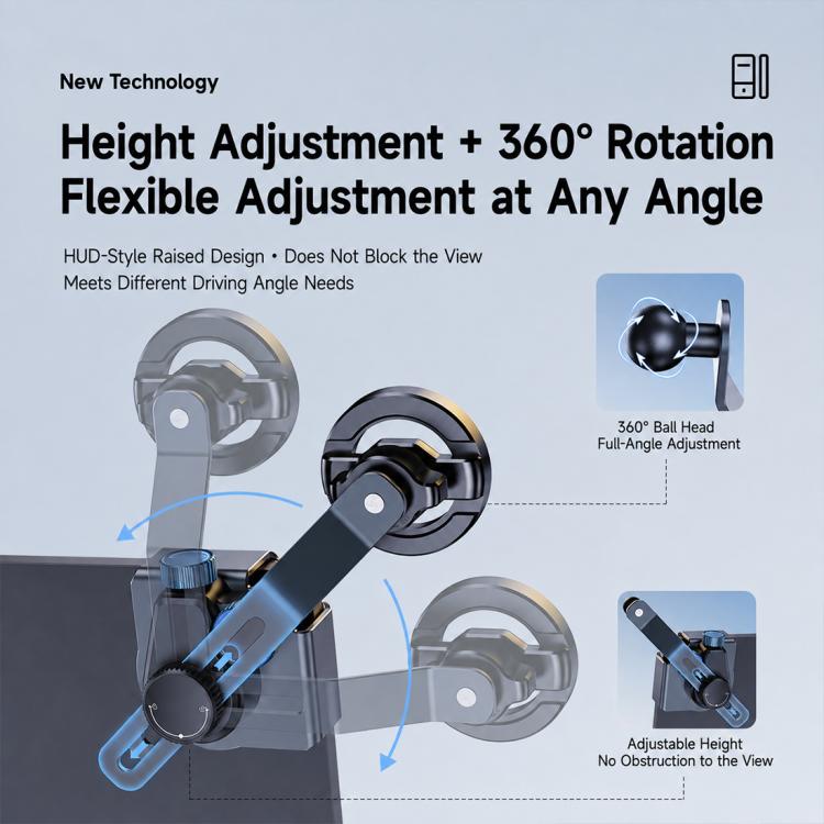 Magnetic car phone mount with adjustable height and 360-degree rotating bracket