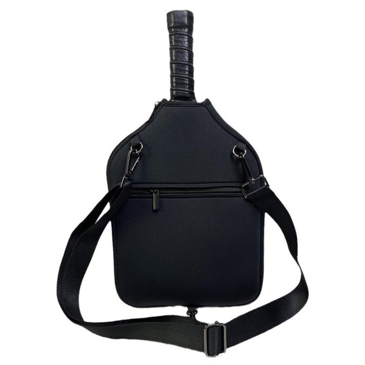 Black neoprene paddle bag with black crossbody strap and front zipper pocket.