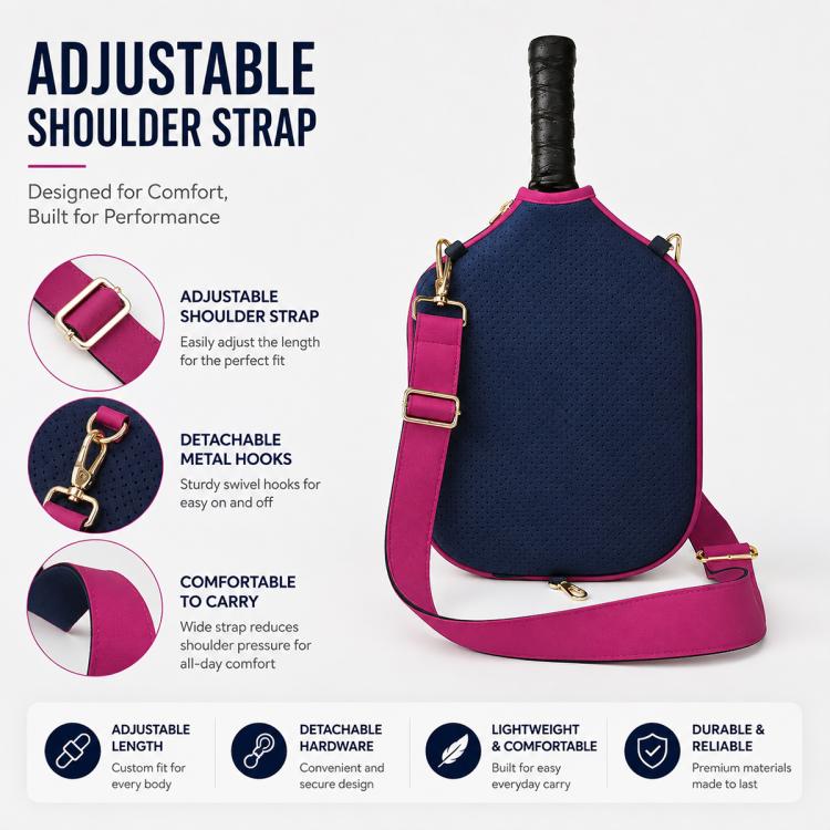 Navy blue neoprene paddle bag with adjustable magenta shoulder strap and metal hooks.