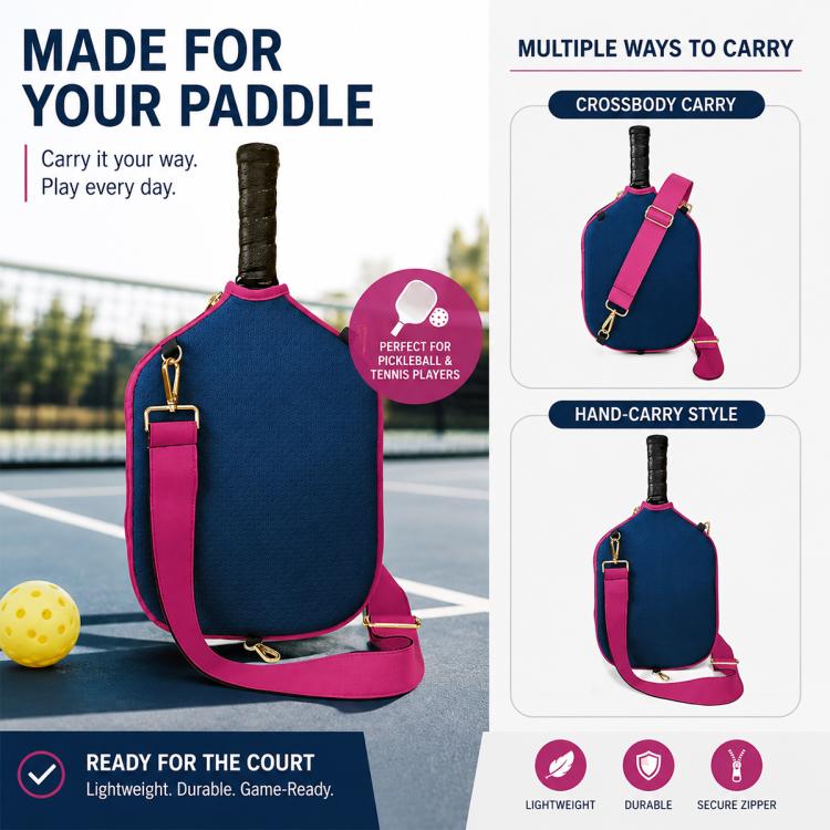 Navy blue neoprene paddle bag with magenta shoulder strap and secure zipper top.
