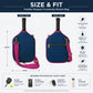 Navy paddle-shaped crossbody bag with magenta strap and front zip pocket