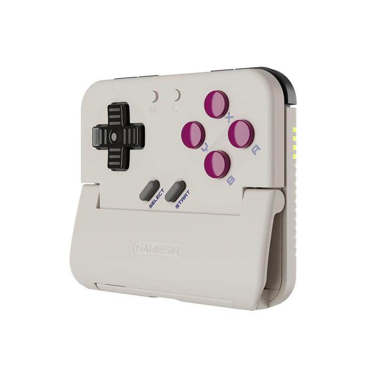 White folding pocket game controller angled view with purple ABXY buttons