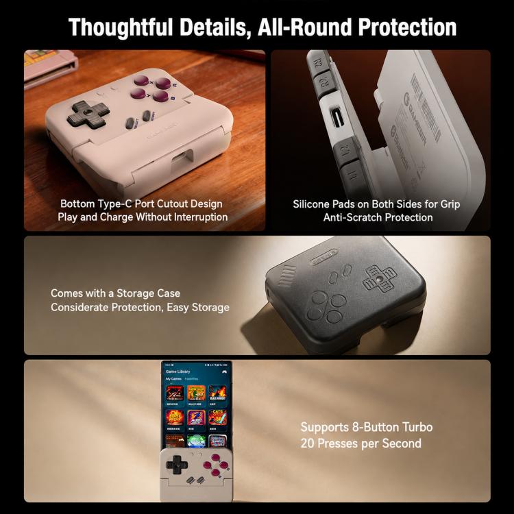 White handheld pocket game controller with D-pad and face buttons in case