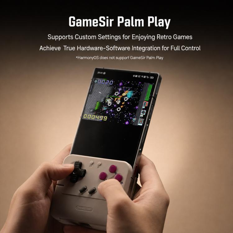 White pocket game controller held in hand with phone mounted at top