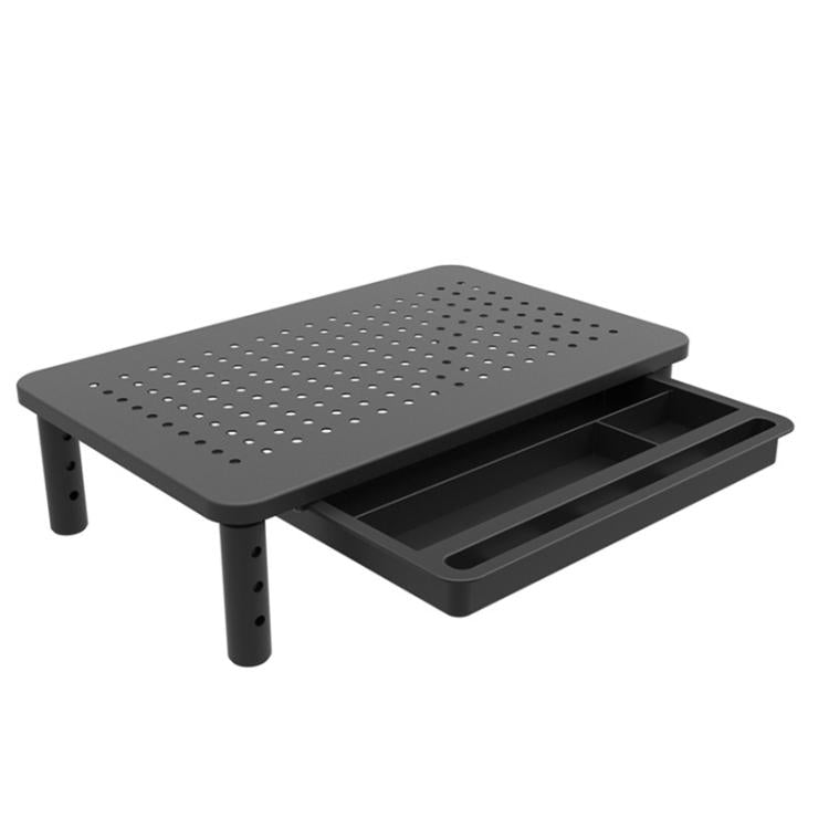 Black metal monitor stand with ventilated perforated top and built-in storage drawer shelf