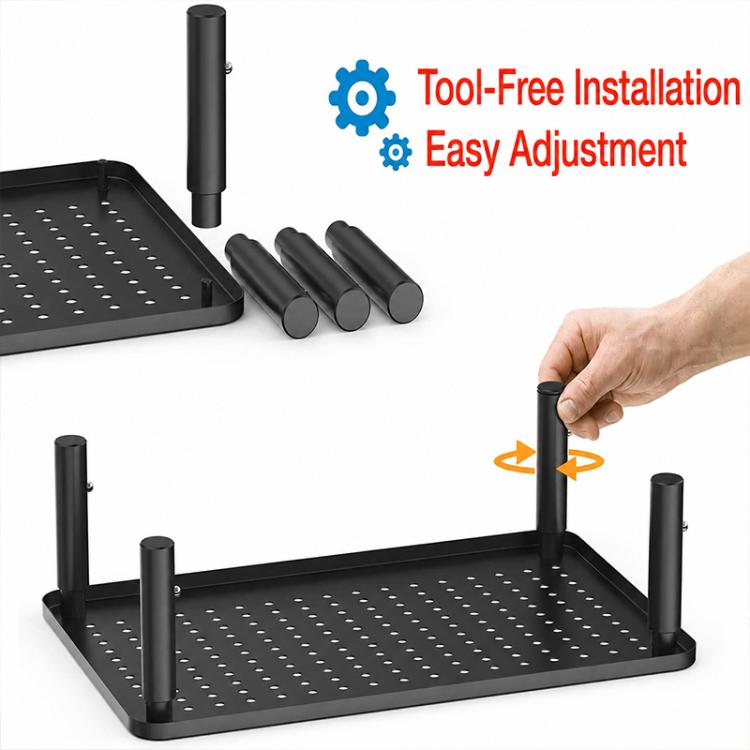 Black monitor stand with perforated top, tool-free adjustment button and adjustable legs