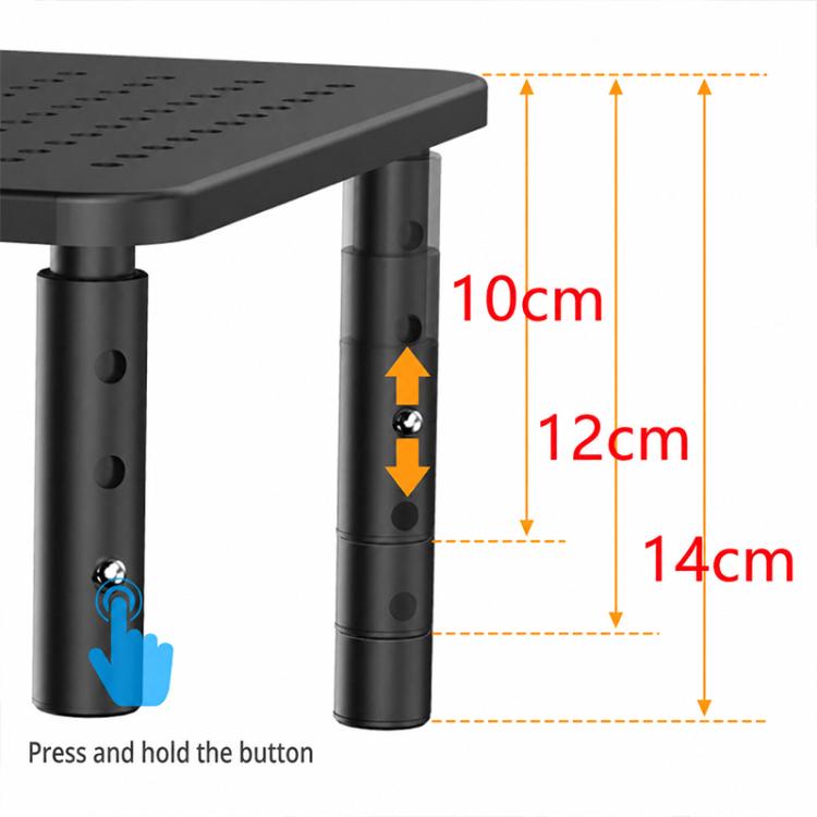 Black adjustable monitor stand with perforated top and height lock mechanism